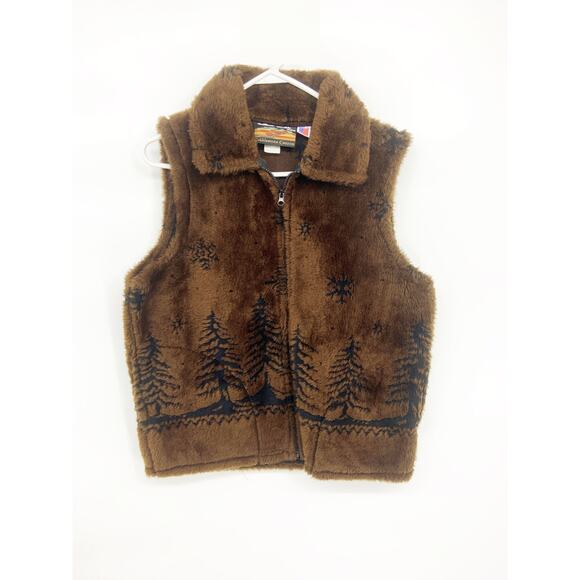 VTG Cobblestone Canyon Winter Trees Brown Vest Fleece Faux Fur Size M - Picture 1 of 8